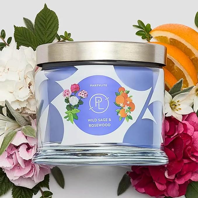 PartyLite Wild Sage & Rosewood Scented, Notes of Sage Leaf, Rosewood, Geranium Petals and Lemongrass, 13.2oz 3-Wick Jar Candle, 45 Hour Burn Time, Luxurious Fragrance, Ideal for Gifting