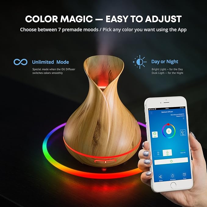 Smart WiFi Wireless Essential Oil Aromatherapy Diffuser - Works with Alexa & Google Home – Phone App & Voice Control - 400ml Ultrasonic Diffuser & Humidifier - LED & Timer Settings