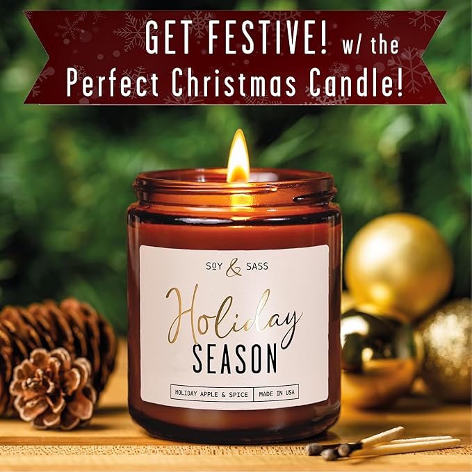 Holiday Candles, Christmas Candles Scented – ‘Holiday Season’ Soy Candle, w/Apple, Cinnamon & Clove - Infused with Essential Oils I Holiday Candle I 9oz, 50Hr, Made in USA