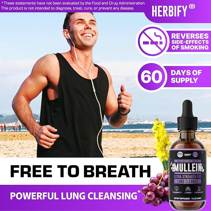 HERBIFY Mullein Drops - Lung Cleanse - Leaf Extract - Powerful Mullein for Immune Support, Detox & Respiratory Support - Made in USA - Herbal Supplements - 4 Oz Grape Flavor
