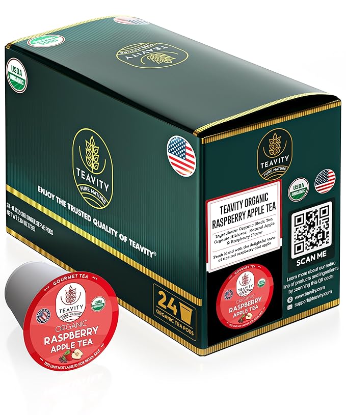 Organic Raspberry Apple Black Tea Pods for Keurig - Naturally Caffeinated Fruit Tea by Teavity (24 Tea Pods)