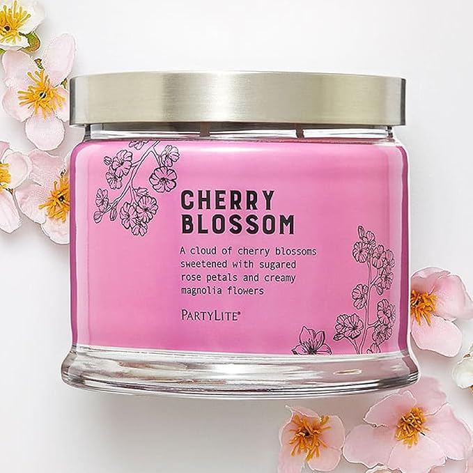 PartyLite 3-Wick Jar Candle, Highly Fragranced Clean Burning Glass Candle, 25-45 Hours Burn Time (Cherry Blossom)