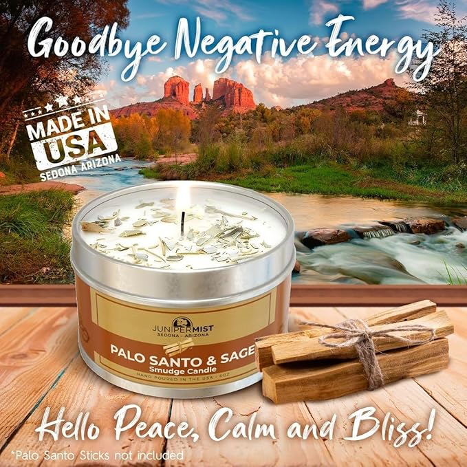 Palo Santo & Sage Smudge Candle (6oz) Ground & Purify - Pure Sage Energy Cleansing Candle for House Cleansing Negative Energy – Spiritual for Protection & Intention – Soy Wax - Made in The USA