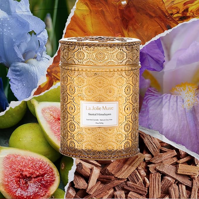 LA JOLIE MUSE Santal Himalayen Candle - Sandalwood, Fig & Amber |19 oz Large Wooden Wick Candle | Natural Soy Wax | 90 Hours Clean Burn | Gift-Ready for Hosts & Gatherings | Elegant Home Décor