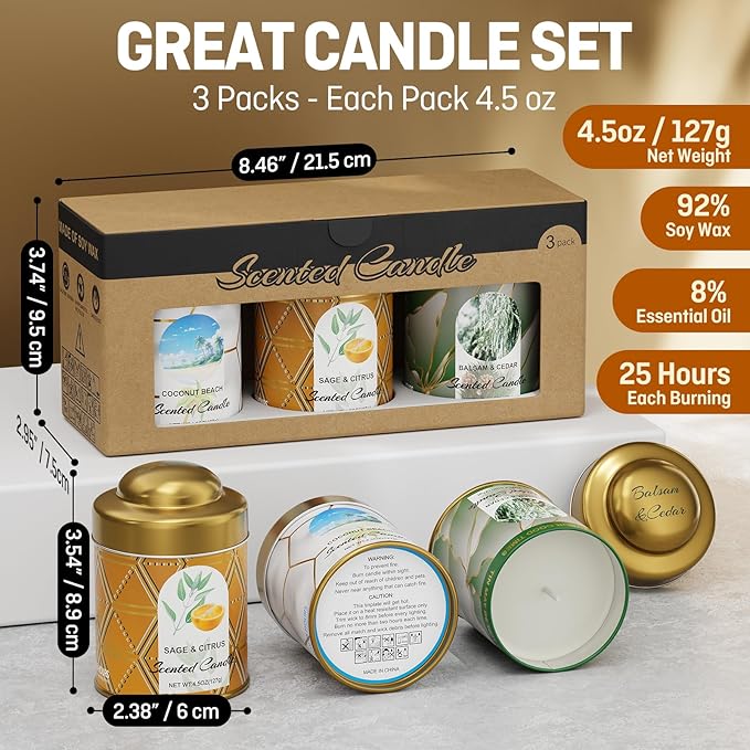 3-Pack Aromatherapy Candle Set - Scented Candles | 4.5oz × 3 | 75+ Hour Total Burn | Natural Soy Candles for Home, Gifts & Christmas