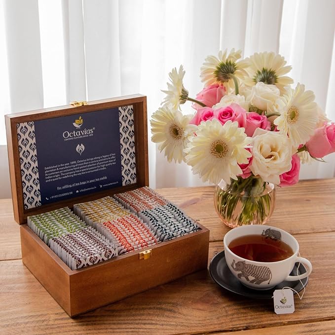 Octavius Gift's Select - Assorted Tea in Multi Design Printed Wooden Box | 6 Flavors, 90 Tea Bags | Black & Green Tea | Tea Gifts for Women & Men | Tea Variety Pack