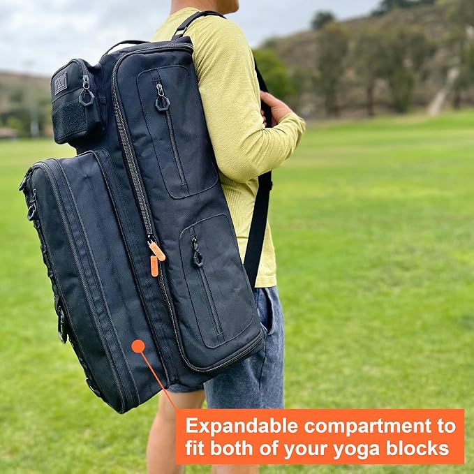 Fitdom Tactical Inspired Yoga Bag for Adult Men. Heavy Duty Yoga Bags and Carriers Fits All Your Stuff. Yoga Mat Bag with Expandable Compartment for 2 Yoga Blocks & Multiple Pockets - Yoga Mat Carrier