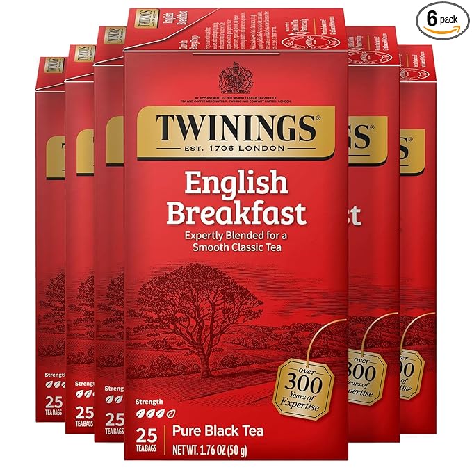 Twinings English Breakfast Black Tea Individually Wrapped Bags, 25 Count (Pack of 6), Flavourful, Robust Black Tea, Caffeinated, Enjoy Hot or Iced, 150 Teabags