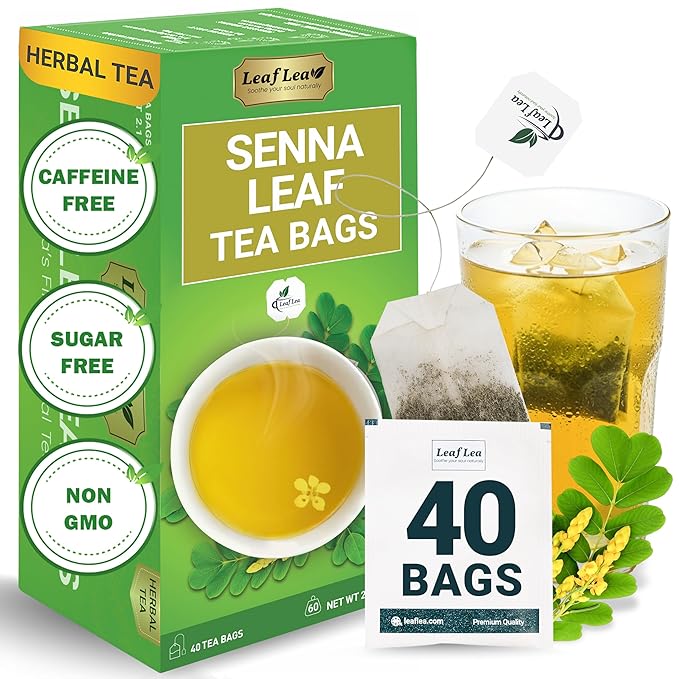 LeafLea 40 Senna Tea Bags – 100% Pure Senna Leaves, Herbal Laxative Tea for Gentle Constipation Relief, Caffeine-Free, Sugar-Free, Gluten-Free, Non-GMO, Vegan, Supports Digestive Health