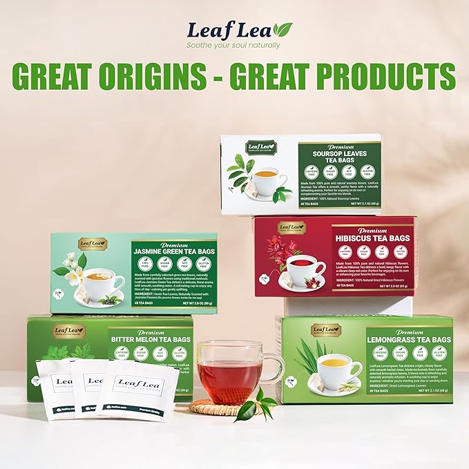 LeafLea 80 Jasmine Green Tea Bags, Green Tea with Natural Jasmine Aroma, Light Focus & Daily Balance, Delicate Floral and Smooth Taste, Caffeinated, Sugar-Free, Non-GMO, Vegan, Individually Wrapped