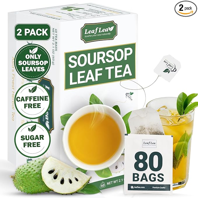 LeafLea 80 Soursop Leaf Tea Bags, from Natural Soursop Leaves (Graviola), Herbal Blend for Wellness, Sour Sop Herbal Tea Individually Wrapped for Freshness, Caffeine-Free, Vegan, No Sugar, Non-GMO