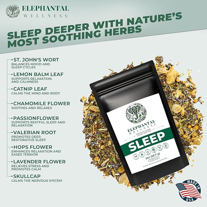 Elephantal Wellness Premium Sleep Herbal Tea | Deep Rest & Relaxation Support with Valerian Root, Passionflower, Chamomile, Lemon Balm Tea & Skullcap | Handmade, Caffeine-Free, Non-GMO Loose Leaf Blend, 2oz, 20 Servings