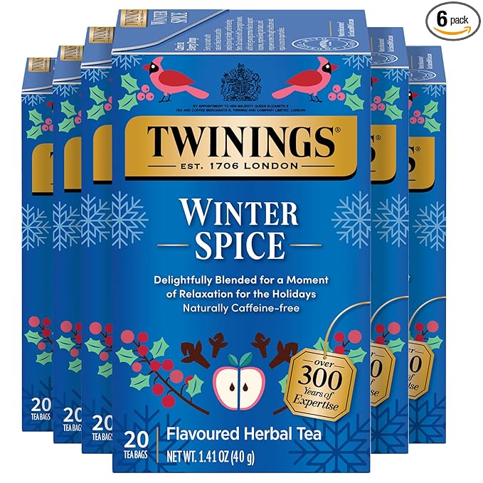 Twinings Winter Spice Herbal Tea Individually Wrapped, 20 Count (Pack of 6), Camomile, Apple, Cinnamon, & Clove, Caffeine-Free, Enjoy Hot or Iced, 120 Teabags