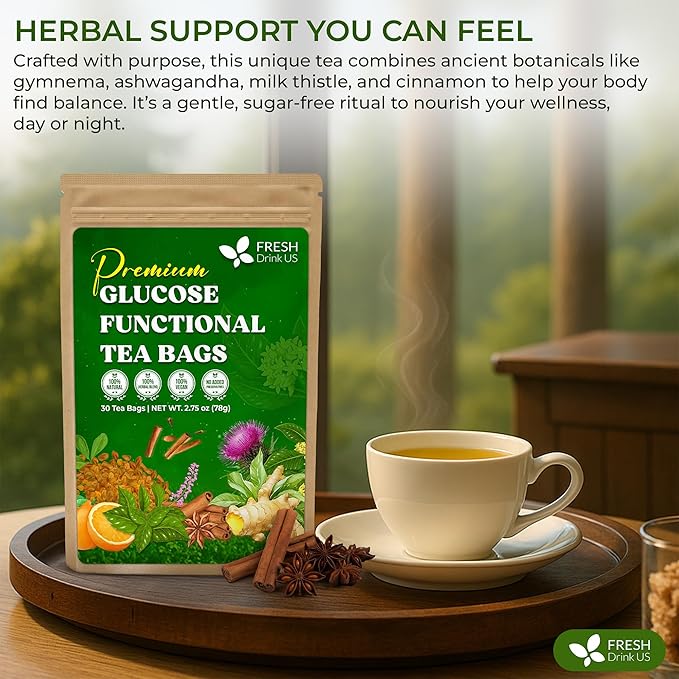 FreshDrinkUS, Premium 30 Tea Bags Glucose Functional Tea – Herbal Blend with Gymnema, Cinnamon, Bitter Melon, Tulsi & More –– Caffeine-Free. Sugar-Free. Gluten-Free. Vegan