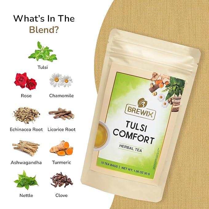 BREWIX Holy Basil Tea Bags (15 Pyramid Tea Bags) | Tee With Tulsi Leaves and Chamomile | Caffeine Free, Calming Herbal Tea With Fresh and Cool Flavor