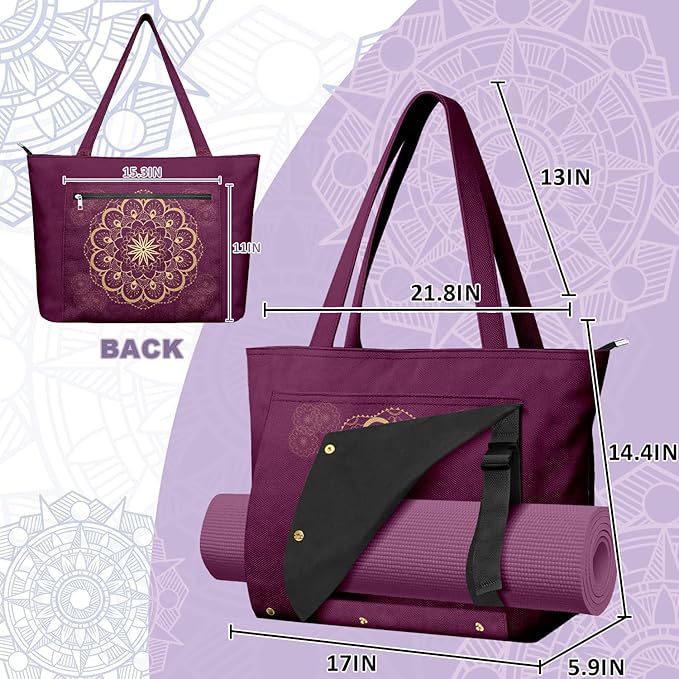 Adalore Women's Yoga Bag with Yoga Mat Carrier - Large Mat Pocket Fitness Tote for Pilates, Gym, Travel, Office & Beach