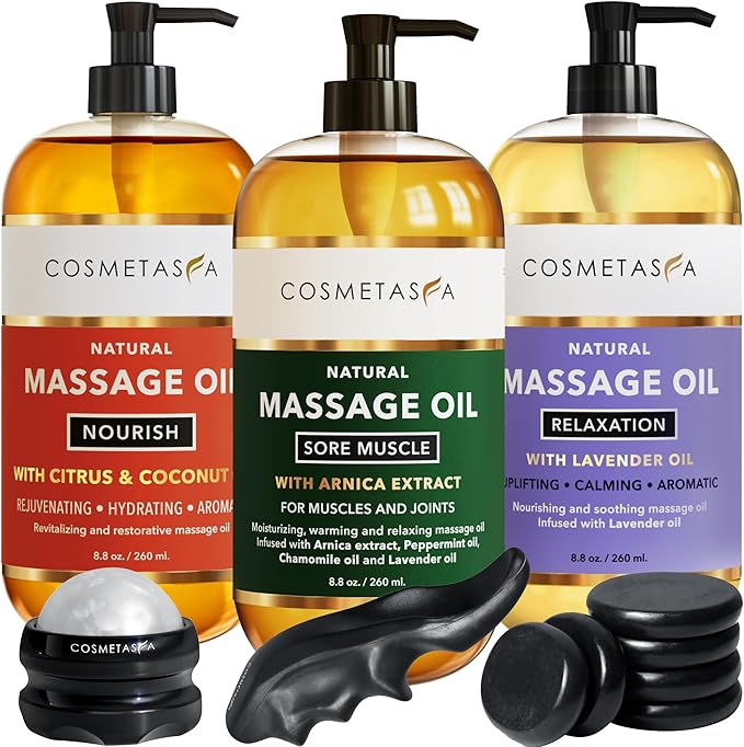 Cosmetasa Massage Oil Spa Gift Set for Women – Relaxing Lavender, Warming Arnica & Nourishing Citrus & Coconut Oils – Includes Roller Ball, Thumb Saver & Hot Stones – Self Care Kit & Body Massage Oils
