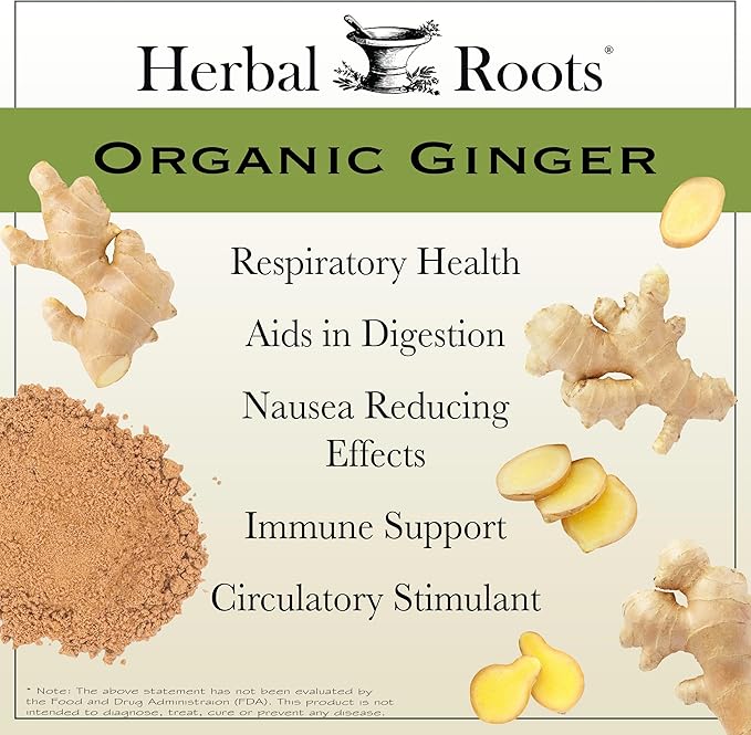 Herbal Roots Ginger Supplement | Organic Ginger Root Capsules | 1,200 mg of Pure Ginger Powder per Serving | 60 Vegan Capsules