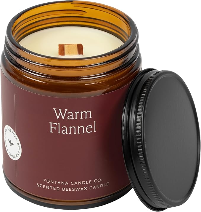 Fontana Candle Co Wood Wick Beeswax Jar Candle, Warm Flannel – Made Safe with Coconut Oil & Pure Essential Oils – 35+ Hrs Clean Burn, Long Lasting and Non-Toxic Candles for Home & Room Decor