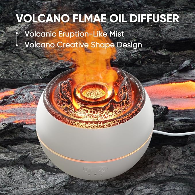 Essential Oil Diffuser, Volcano Fire Flame Aromatherapy Diffuser, 360ml Ultrasonic Cool Mist Humidifier, Scent Aroma Diffuser with 7 Colors Light, Timer & Auto Shut-Off for Home, Room (White)