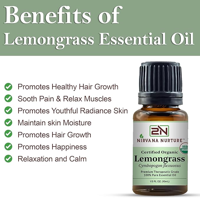 Lemongrass Essential Oil USDA Certified Organic 100% Pure Premium Therapeutic Grade, Undiluted - Aromatherapy Diffuser for Calm and Relaxation, Skin Care, Hair Care