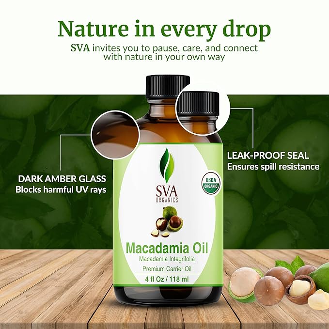 SVA Macadamia Seed Oil Organic - 4 Fl Oz – 100% Natural Cold Pressed Organic Macadamia Oil - for Face, Skin Care, Hair Care, Scalp Massage & Body Massage – Carrier Oil with Dropper