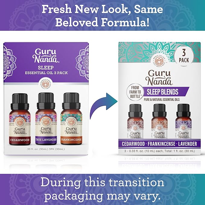GuruNanda Sleep Essential Oil Set (Pack of 3 x 0.34 Fl Oz) - 100% Pure, Natural & Undiluted Cedarwood, Frankincense & Lavender Aromatherapy Oils for Diffuser - Perfect for Massages & DIY Recipes