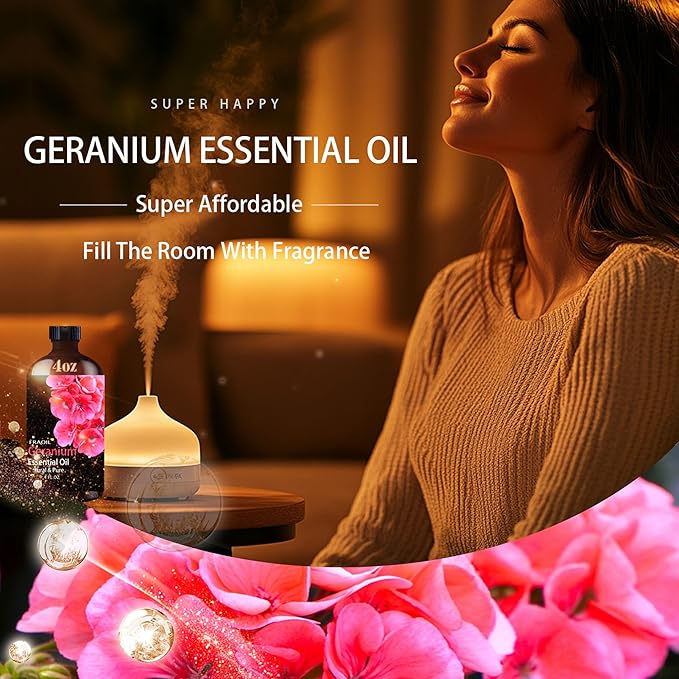 Geranium Essential Oil, Geranium Oil 4 Fl Oz 120ML for Diffuser Humidifier Yoga Cleaning DIY Candle Soap Making Perfume Gift for Women Essential Oils