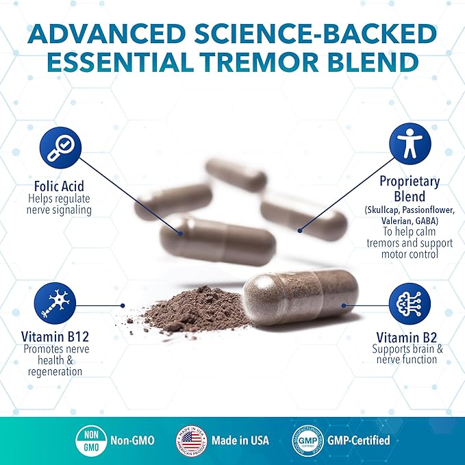Tremanol Natural Aid Essential Tremor Relief Herbal Supplement for Neurological Support - Includes Vitamin B2 & B12, Passionflower & Skullcap for Hand Tremor Aids - Made in USA, 60 Caps