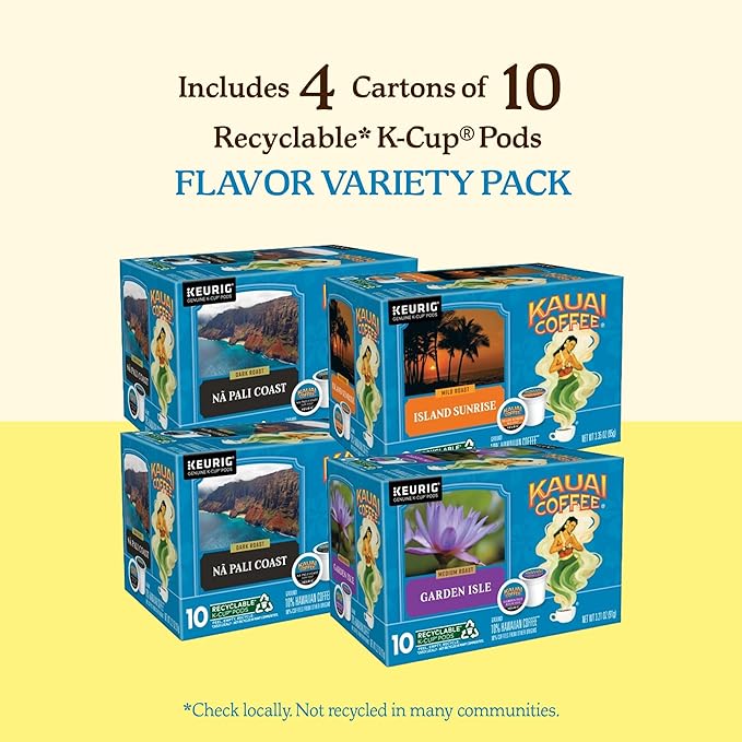 Kauai Coffee K-Cup Pods for Keurig Brewers – Arabica Coffee, 10% Hawaiian – Medium Roast, Rich, Smooth, No Bitterness – Three Flavors, 4 Packs of 10 Single Serve K-Cups