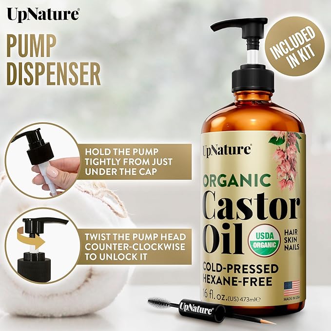 UpNature Castor Oil Organic - 100% Pure USDA Certified Organic Castor Oil for Face Hair Skin - 16oz Amber Glass Bottle, Hexane Free