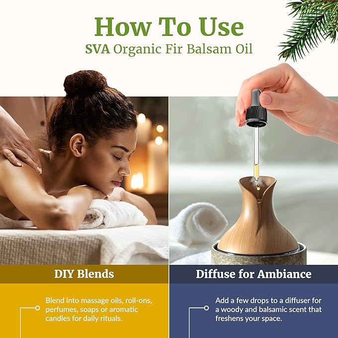SVA Fir Balsam Essential Oil Organic – 4 Fl Oz – 100% Natural Organic Fir Oil - for Diffuser, Hair Care, Face, Skin Care, Aromatherapy, Scalp and Body Massage, Soap and Candle Making – with Dropper