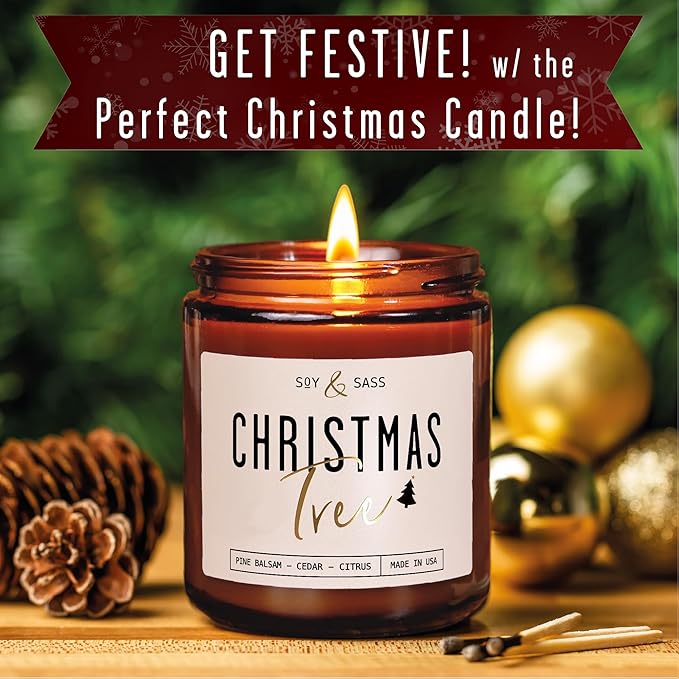 Christmas Tree Candles, Christmas Candles Scented - 'Christmas Tree' Soy Candle w/Balsam, Cedar & Citrus - Infused with Essential Oils I Balsam Pine Candle I 9oz, 50Hr, USA Made