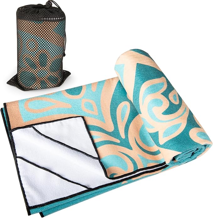 Colorful Star Yoga Towel with Corner Pockets, Non Slip Grip Dots Absorbent Hot Yoga Mat Towels, Yoga Blankets with Travel Bag, Mat Cover for Workout, Gym, Fitness - 70"x26", Turquoise Gold Mandala