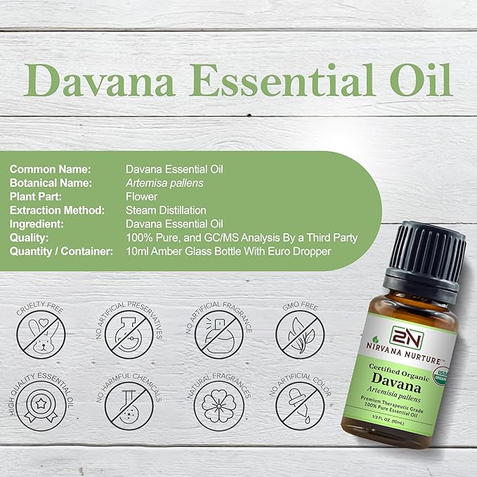 Davana Essential Oil USDA Certified Organic 100% Pure Premium Therapeutic Grade, Undiluted - Aromatherapy Diffuser for Calm and Relaxation, Skin Care, Hair Care