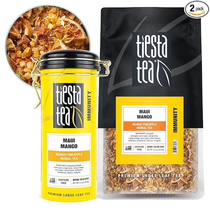 Tiesta Tea - Maui Mango, Loose Leaf, Mango Pineapple Herbal Tea, Premium Non-Caffeinated Fruit Blend, Makes Hot or Iced & Brews Up to 250 Cups - 16oz Bulk Pouch & 5.5oz Refillable Tin Combo