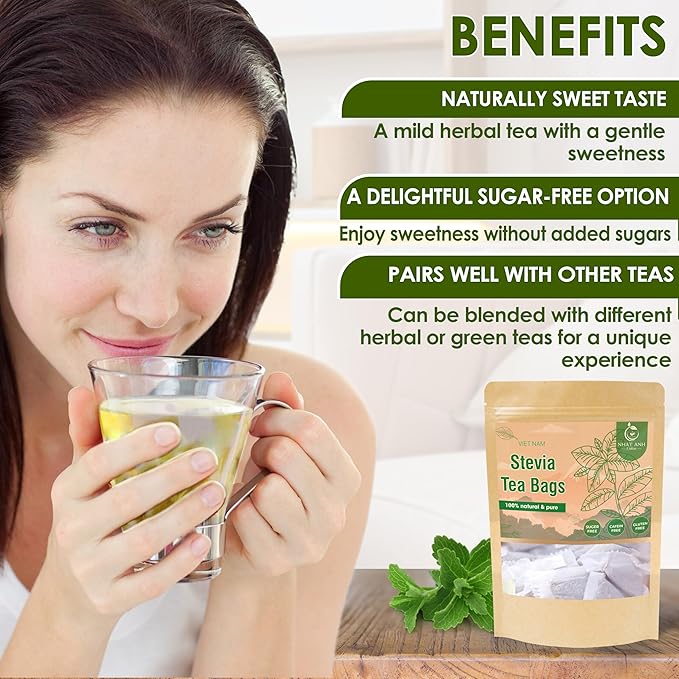 NHAT ANH FARM - Premium Stevia Tea Bags, 100 Stevia Tea Bags, 100% Natural Dried Leaves, Naturally Sweet Herbal Tea, Sugar-Free, Caffeine-Free, No Additives.