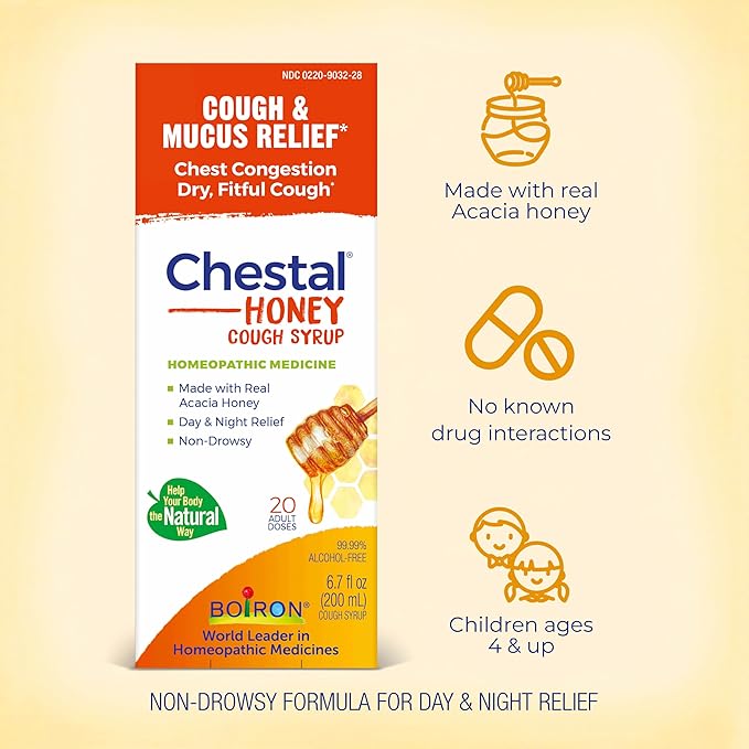 Boiron Chestal Honey Adult Cold and Cough Syrup for Nasal and Chest Congestion, Runny Nose, and Sore Throat Relief - 6.7 Fl oz