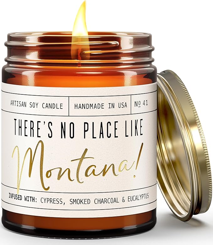 Montana Gifts, Montana Decor for Home - 'There's No Place Like Montana Candle, w/Cypress, Eucalyptus & Smoke I Montana Souvenirs I Montana State Gifts I 9oz Jar, 50Hr Burn, USA Made