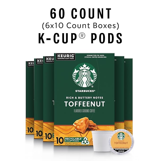 Starbucks K-Cup Coffee Pods, Flavored Hot or Iced Coffee, Toffeenut, 60 Keurig Pods