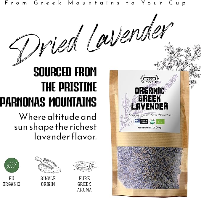 Apsogo Organic Greek Lavender – Premium Dried Flowers (3.52 oz), Organic Herbal Lavender Tea & Culinary Use, Whole Buds in Resealable Pouch