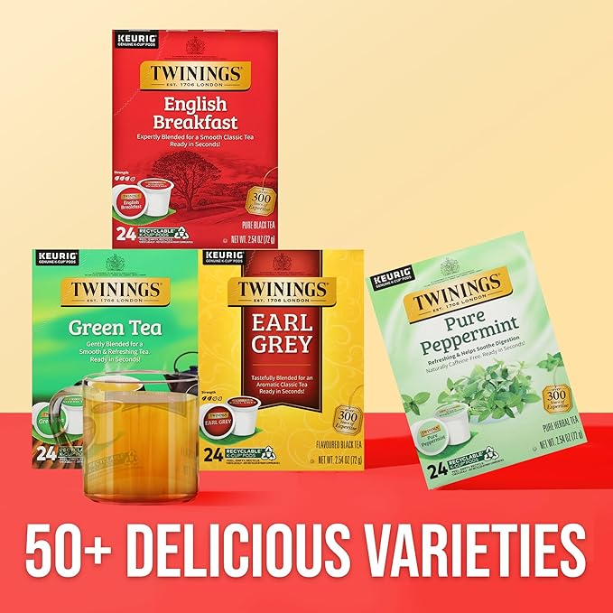 Twinings 96 K-Cup Pods Variety Pack 24 Count (Pack of 4), English Breakfast, Earl Grey, Green, and Pure Peppermint Tea for Keurig and Single Cup Brewers, Enjoy Hot or Iced