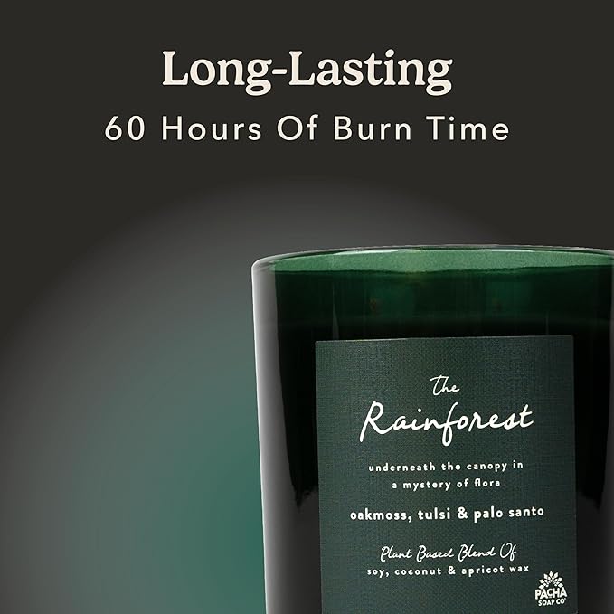 Pacha Soap Co. Rainforest Candle - Oakmoss, Tulsi and Palo Santo Scented, Soy, Coconut & Apricot Wax Blend, Cotton Wick, 60+ Hour Burn Time, Long-Lasting, Recyclable, Paraffin-Free, Made in USA, 12 oz
