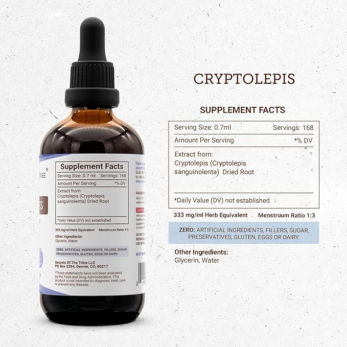 Secrets of the Tribe Cryptolepis Tincture Alcohol-Free Extract, High-Potency Herbal Drops, Tincture Made from Wildcrafted Cryptolepis Sanguinolenta 4 oz