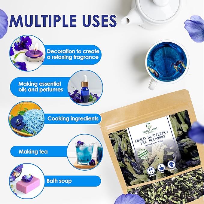 Nhat Anh Farm - Premium Dried Butterfly Pea Flower - 3,5oz(100g) Blue Butterfly Pea Flower - 100% Natural & Pure, Sugar/Caffeine/Gluten Free - For Making Tea