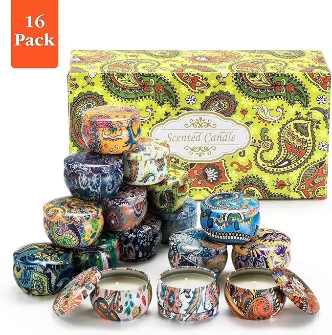16 Scented Candles Gift,Natural Soy Wax Aromatherapy Candles,Small Portable Tin Candles Set for Mom,Women,Teachers, Colleagues and Friends,2.5 OZ.