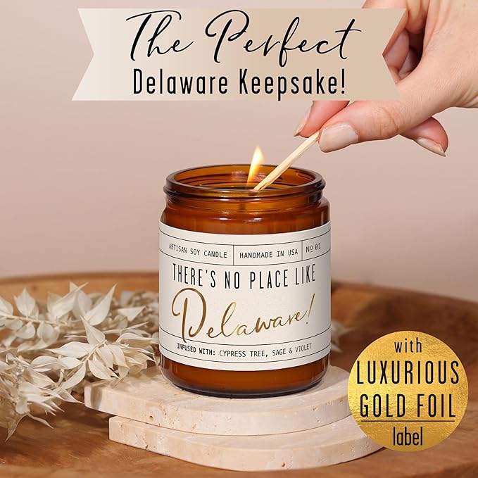 Delaware Gifts, Delaware Decor for Home - 'There's No Place Like Delaware Candle, w/Cypress, Sage & Citrus I Delaware Souvenirs I Delaware State Gifts I 9oz Jar, 50Hr Burn, USA Made