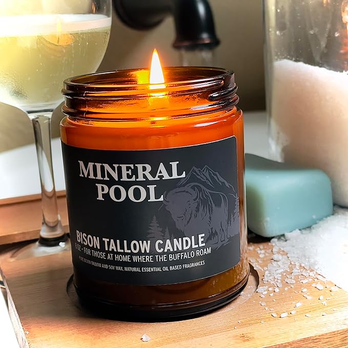 Big Crazy Buffalo Pure Bison Tallow Scented Candle, Mineral Pool, 8 oz - Scents of Himalayan Sea Salt, Moss, & Freesia - Pure, Low Smoke, Beeswax, Traditional Tallow, Glass Jar