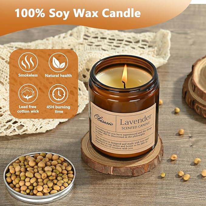Candles 2 Pack, Candles for Home Scented, Aromatherapy Candle Gift Set for Women Soy Wax Long Lasting Amber Jar Candles for Birthday Housewarming Mother's Valentine Day(Vanilla & Lavender)
