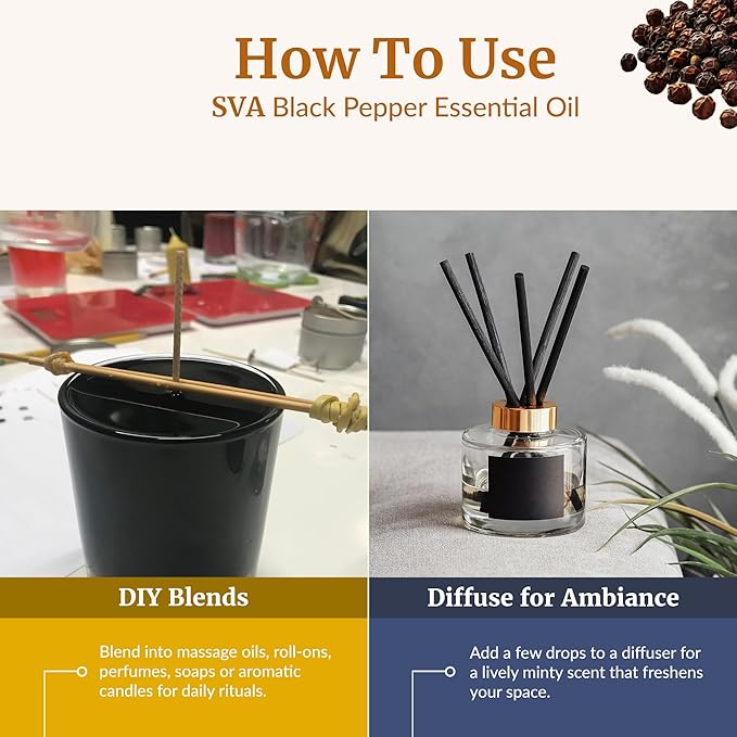 SVA Black Pepper Essential Oil – 4 Fl Oz – 100% Natural Black Pepper Oil - for Diffuser, Hair Care, Face, Skin Care, Aromatherapy, Scalp and Body Massage, Soap and Candle Making – with Dropper